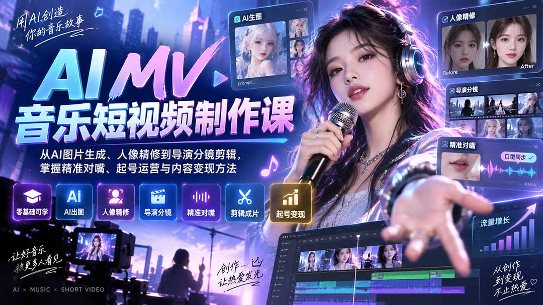 (20364期)AI MV音乐短视频制作课:从AI图片生成、人像精修到导演分镜剪辑,掌握精准对嘴、起号运营与内容变现方法-赛德副业库