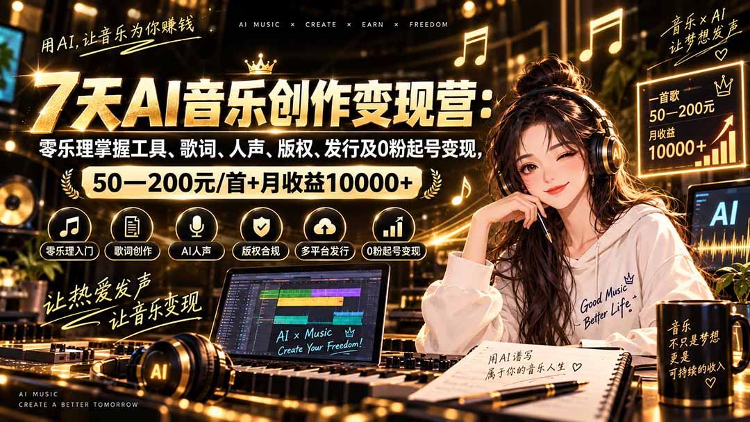 （20442期）AI音乐创作变现营：零乐理掌握工具、歌词、人声、版权、发行及0粉起号变现，50—200元/首+月收益10000+-赛德副业库