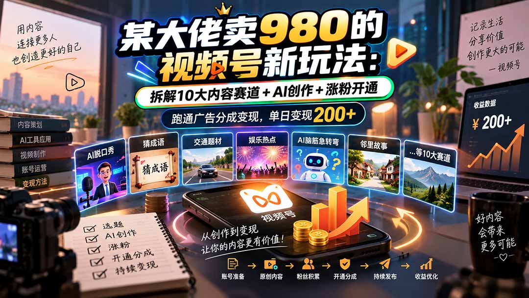 (20573期)某大佬卖980的视频号新玩法:拆解10大内容赛道+AI创作+涨粉开通,跑通广告分成变现,单日变现200+-赛德副业库