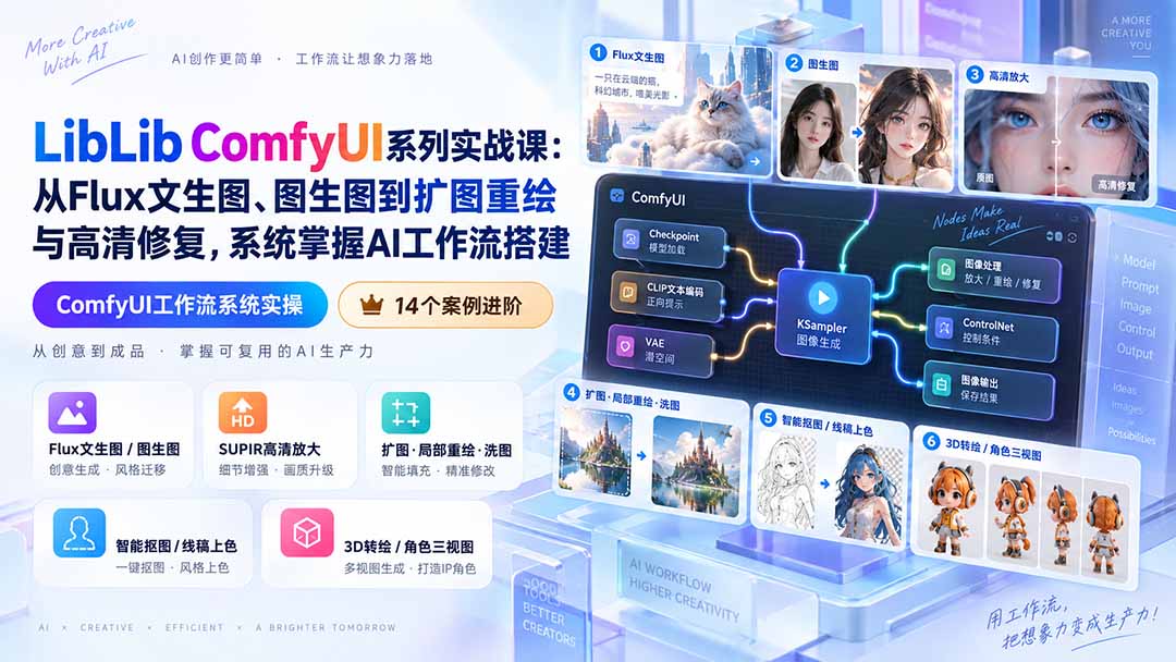 (20368期)LibLib ComfyUI系列实战课:从Flux文生图、图生图到扩图重绘与高清修复,系统掌握AI工作流搭建-赛德副业库