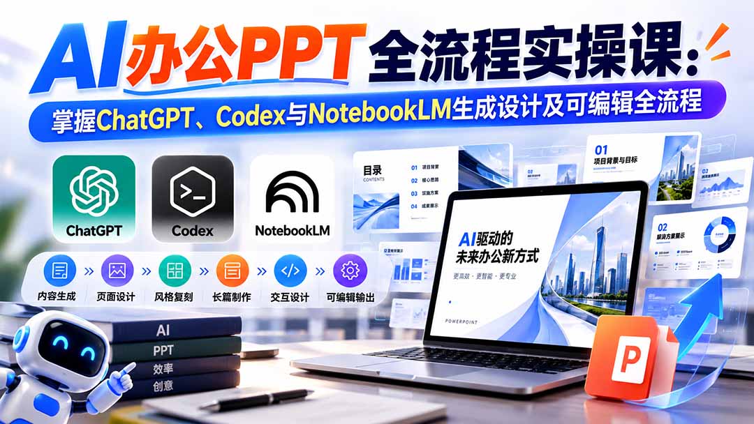 (20660期)【无水印】AI办公PPT全流程实操课: 掌握ChatGPT、Codex与NotebookLM生成设计及可编辑全流程-赛德副业库
