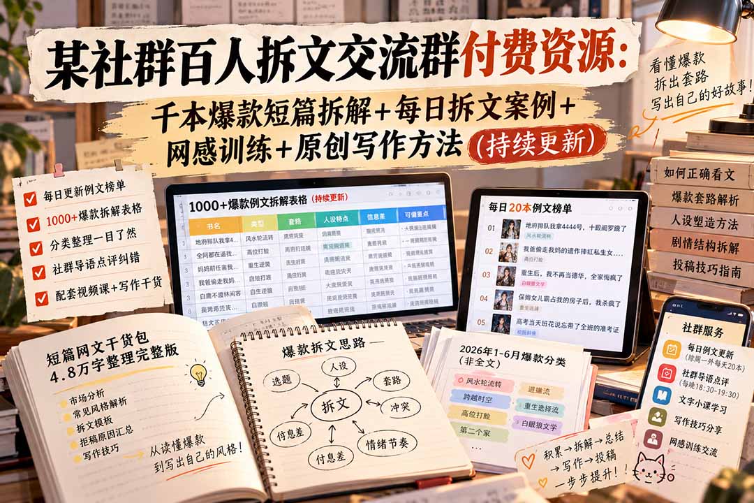 （20635期）某社群百人拆文交流群付费资源：千本爆款短篇拆解+每日拆文案例+网感训练+原创写作方法 (持续更新)-赛德副业库