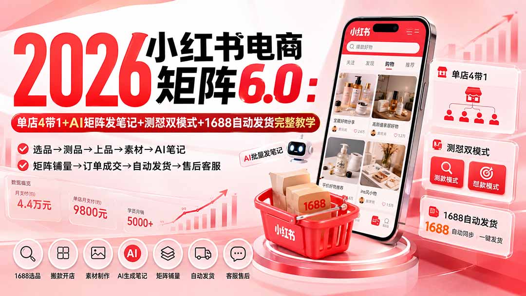 (20310期)2026小红书电商矩阵6.0:单店4带1+AI矩阵发笔记+测怼双模式+1688自动发货完整教学-赛德副业库