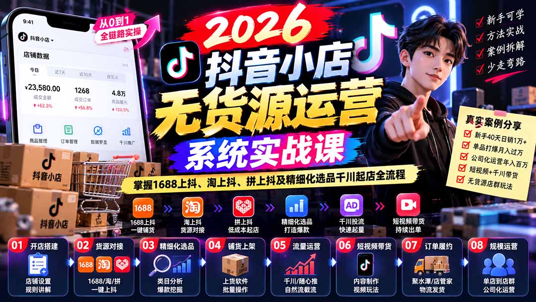 (20659期)2026抖音小店无货源运营系统实战课:掌握1688上抖、淘上抖、拼上抖及精细化选品千川起店全流程-赛德副业库