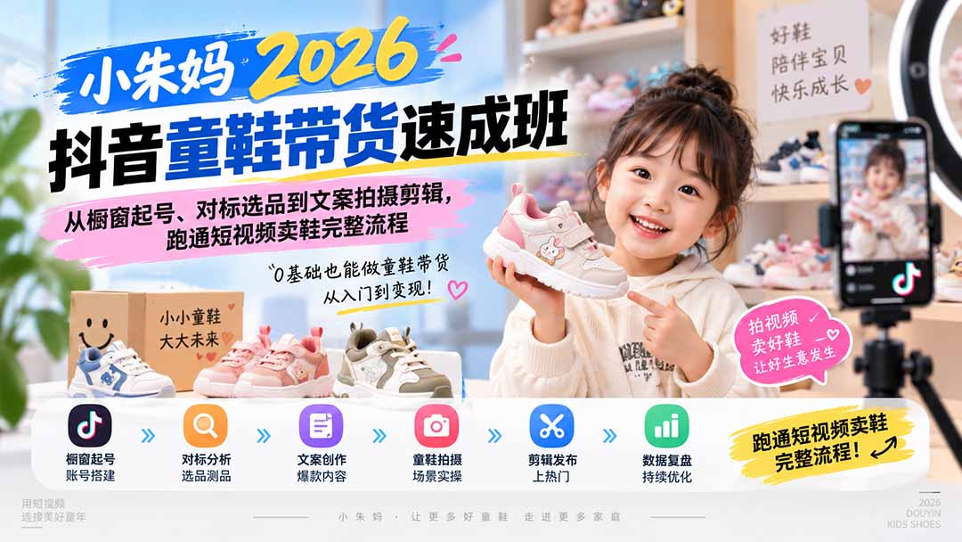 （20267期）小朱妈2026抖音童鞋带货速成班：从橱窗起号、对标选品到文案拍摄剪辑，跑通短视频卖鞋完整流程-赛德副业库