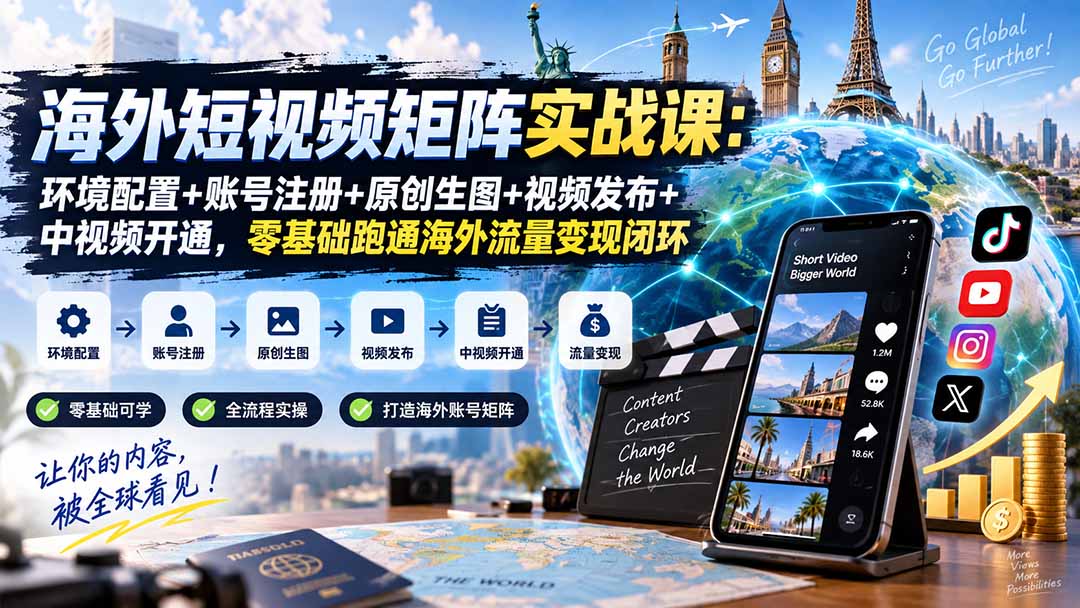 (20470期)海外短视频矩阵实战课:环境配置+账号注册+原创生图+视频发布+中视频开通,零基础跑通海外流量变现闭环-赛德副业库
