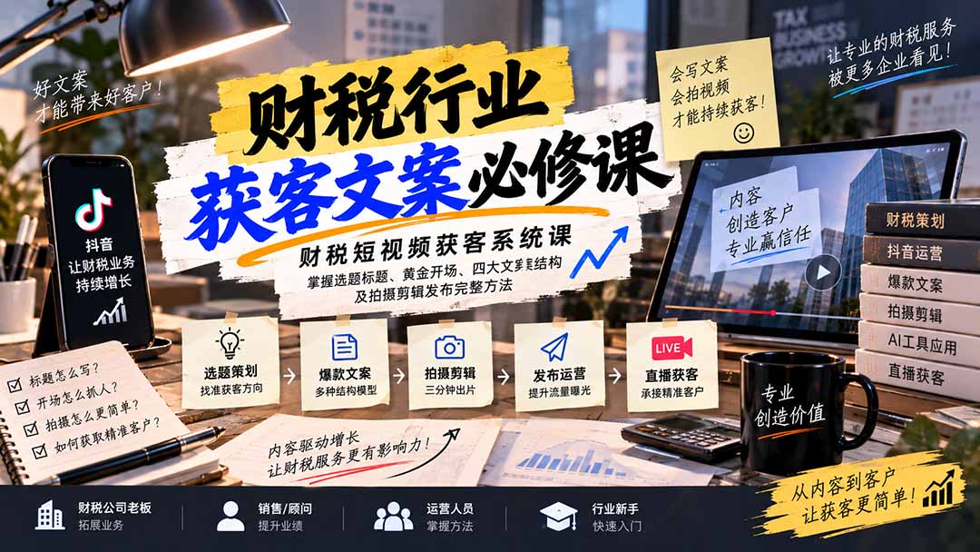 （20591期）财税短视频获客系统课：掌握选题标题、黄金开场、四大文案结构及拍摄剪辑发布完整方法-赛德副业库