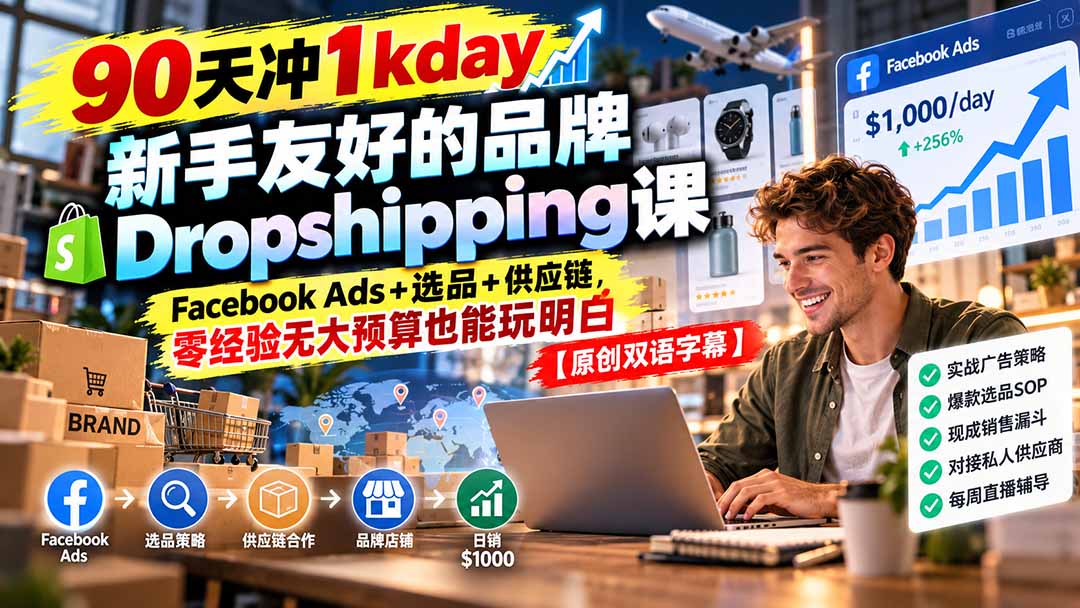 （20738期）90天冲1kday 新手友好的品牌Dropshipping课：Facebook Ads+选品+供应链，零经验无大预算也能玩明白【原创双语字幕】-赛德副业库