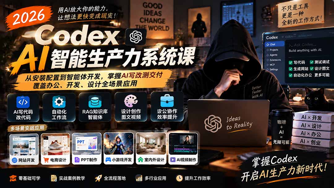 (20535期)2026 Codex AI智能生产力系统课-更新|从安装配置到智能体开发,掌握AI写改测交付,覆盖办公、开发、设计全场景应用-赛德副业库