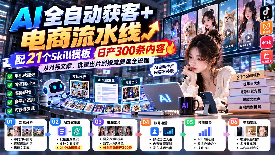 (20664期)AI全自动获客+电商流水线:配21个Skill模板,日产300条内容,从对标文案、批量出片到投流复盘全流程-赛德副业库