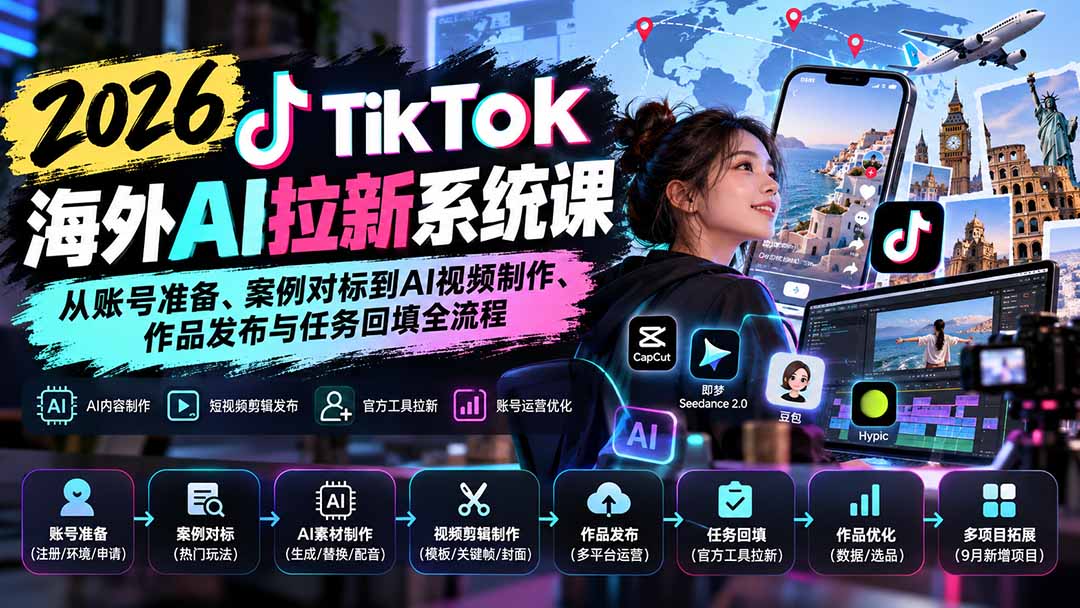 (20675期)【无水印】2026 TikTok海外AI拉新系统课:从账号准备、案例对标到AI视频制作、作品发布与任务回填全流程-赛德副业库
