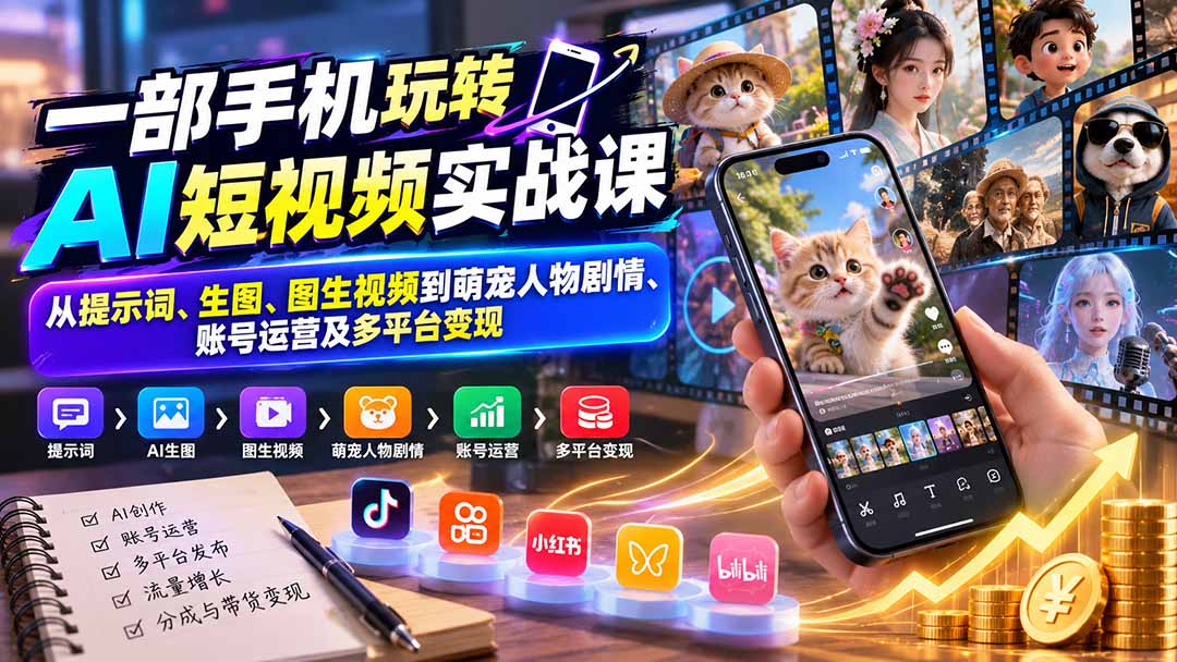 (20663期)一部手机玩转AI短视频实战课:从提示词、生图、图生视频到萌宠人物剧情、账号运营及多平台变现-赛德副业库