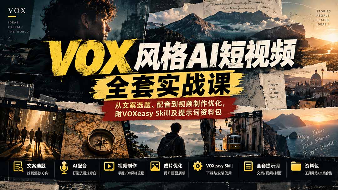 (20677期)【无水印】VOX风格AI短视频全套实战课:从文案选题、配音到视频制作优化,附VOXeasy Skill及提示词资料包-赛德副业库