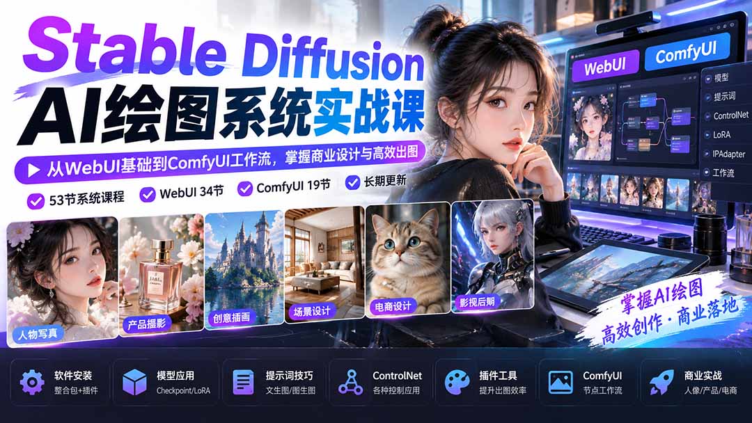 (20678期)Stable Diffusion AI绘图系统实战课:从WebUI基础到ComfyUI工作流,掌握商业设计与高效出图-赛德副业库