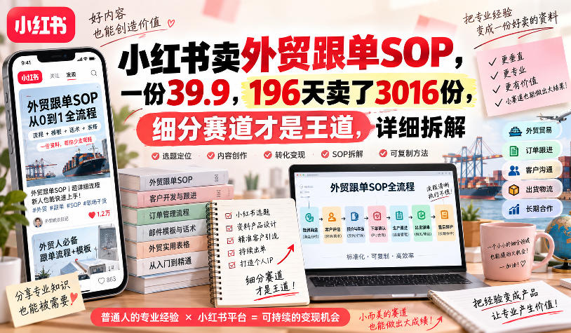 小红书卖外贸跟单sop，一份39.9，196天卖了3016份，细分赛道才是王道，详细拆解-赛德副业库