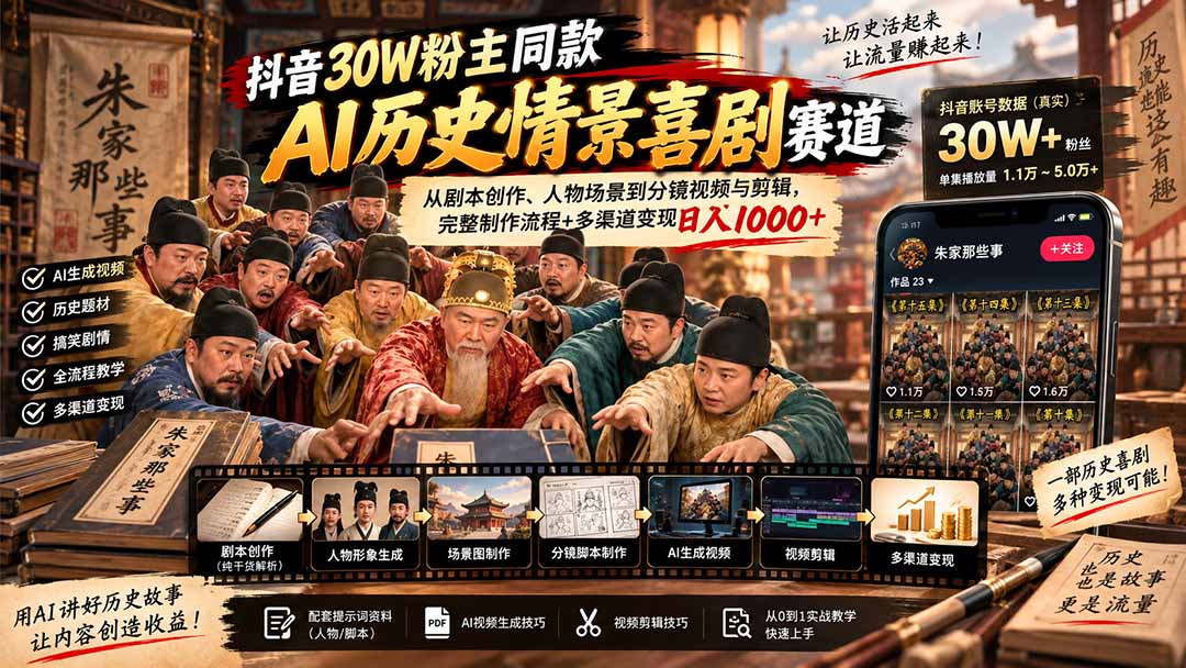 （20613期）抖音30W粉博主同款AI历史情景喜剧赛道：从剧本创作、人物场景到分镜视频与剪辑，完整制作流程+多渠道变现日入1000+-赛德副业库