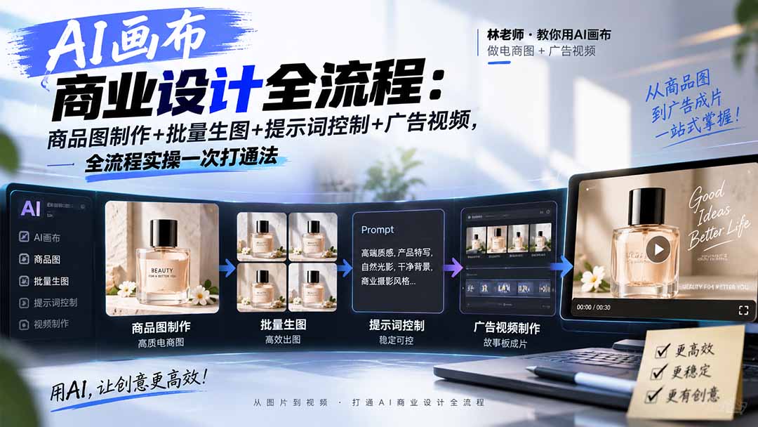 （20576期）AI画布商业设计全流程：商品图制作+批量生图+提示词控制+广告视频，全流程实操一次打通法-赛德副业库