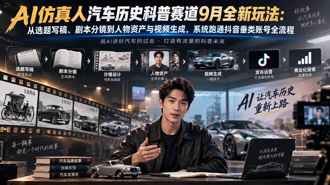(20413期)AI仿真人汽车历史科普赛道9月全新玩法:从选题写稿、剧本分镜到人物资产与视频生成,系统跑通抖音垂类账号全流程-赛德副业库