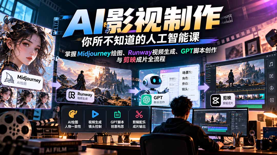(20681期)AI影视制作-你所不知道的人工智能课,掌握Midjourney绘图、Runway视频生成、GPT脚本创作与剪映成片全流程-赛德副业库