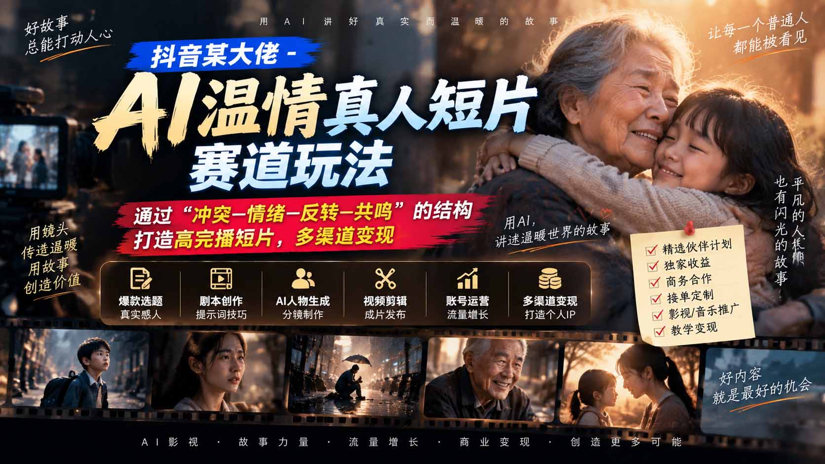 (20538期)抖音某大佬-AI温情真人短片赛道玩法:通过“冲突—情绪—反转—共鸣”的结构打造高完播短片,多渠道变现-赛德副业库