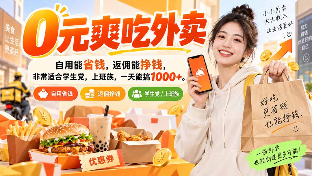 (20309期)0元爽吃外卖,自用能省钱,返佣能挣钱,非常适合学生党,上班族,一天能搞1000+-赛德副业库