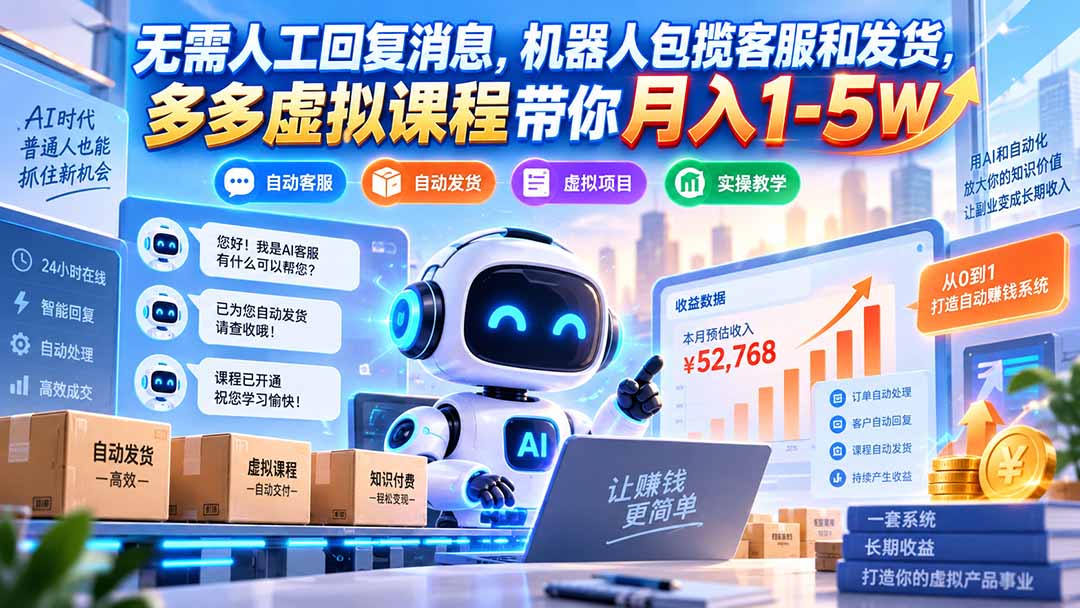 （20614期）无需人工回复消息，机器人包揽客服和发货，多多虚拟课程带你月入1-5W-赛德副业库