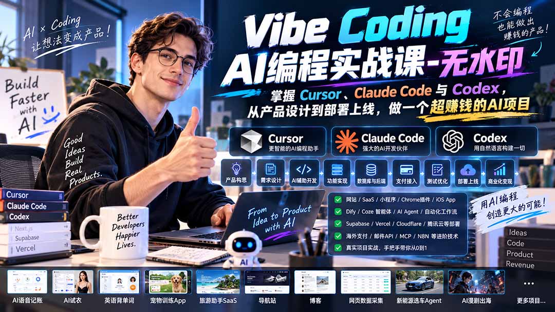 (20431期)Vibe Coding AI编程实战课-无水印:掌握Cursor、Claude Code与Codex,从产品设计到部署上线,做一个超赚钱的AI项目-赛德副业库