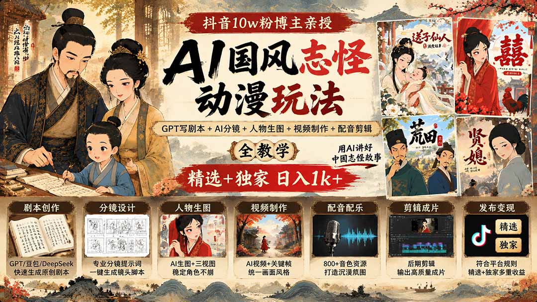 (20538期)抖音10w粉博主亲授AI国风志怪动漫玩法|GPT写剧本+AI分镜+人物生图+视频制作+配音剪辑全教学|精选+独家日入1k+-赛德副业库
