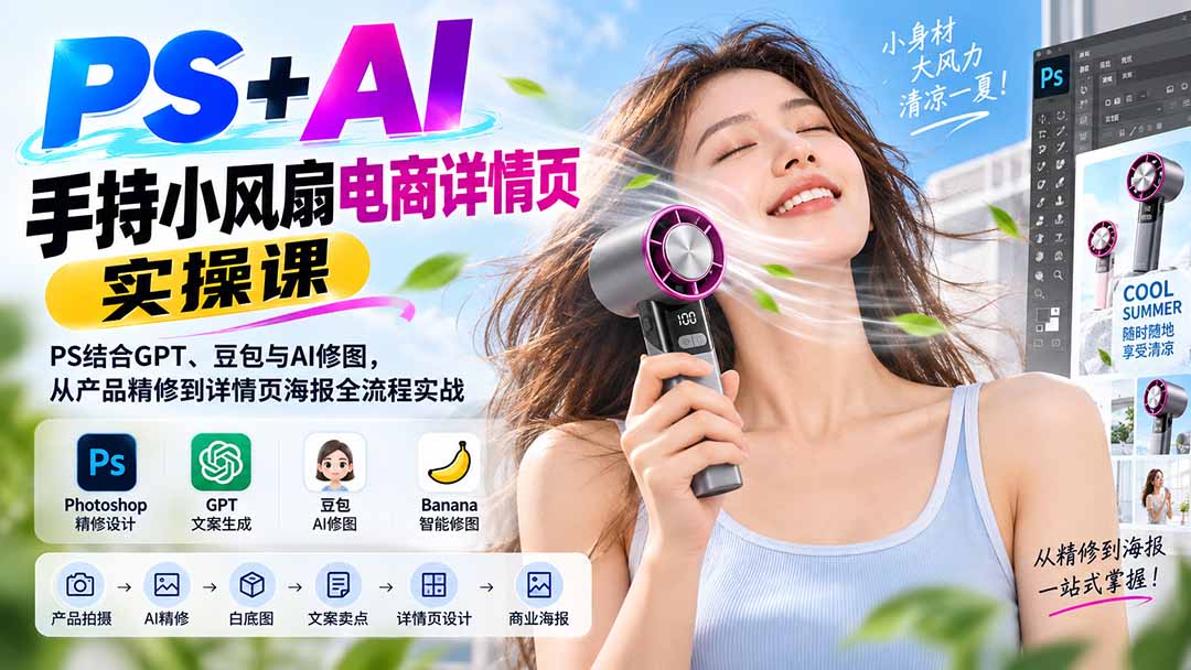 (20273期)PS+AI手持小风扇电商详情页实操课:PS结合GPT、豆包与AI修图,从产品精修到详情页海报全流程实战-赛德副业库