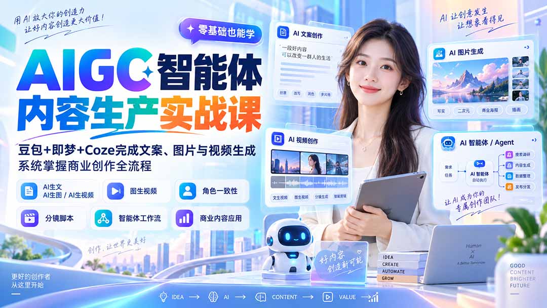 （20372期）AIGC智能体内容生产实战课：豆包+即梦+Coze完成文案、图片与视频生成，系统掌握商业创作全流程-赛德副业库