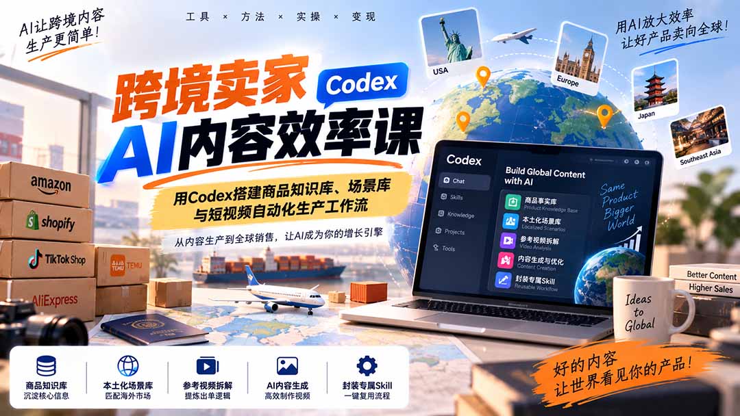 (20595期)跨境卖家AI内容效率课:用Codex搭建商品知识库、场景库与短视频自动化生产工作流-赛德副业库