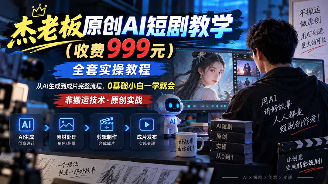 （20254期）杰老板原创AI短剧教学（收费999元），全套实操教程，0基础小白一学就会，非搬运技术-赛德副业库