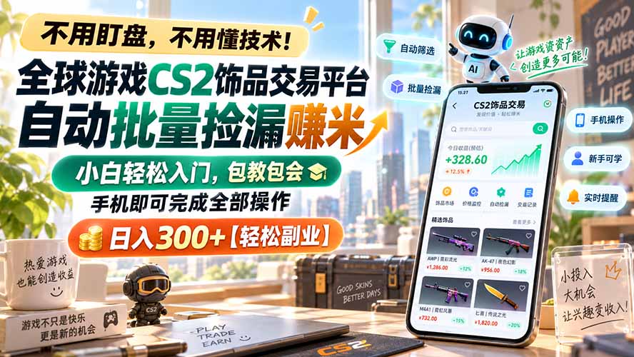 (20454期)全球游戏CS2饰品交易平台自动批量捡漏赚米,小白轻松入门,包教包会,手机即可完成全部操作,日入300+【轻松副业】-赛德副业库