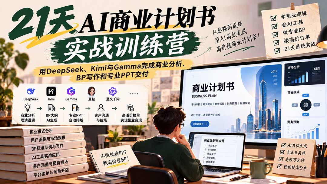（20637期）【无水印】21天AI商业计划书实战训练营：用DeepSeek、Kimi与Gamma完成商业分析、BP写作和专业PPT交付-赛德副业库