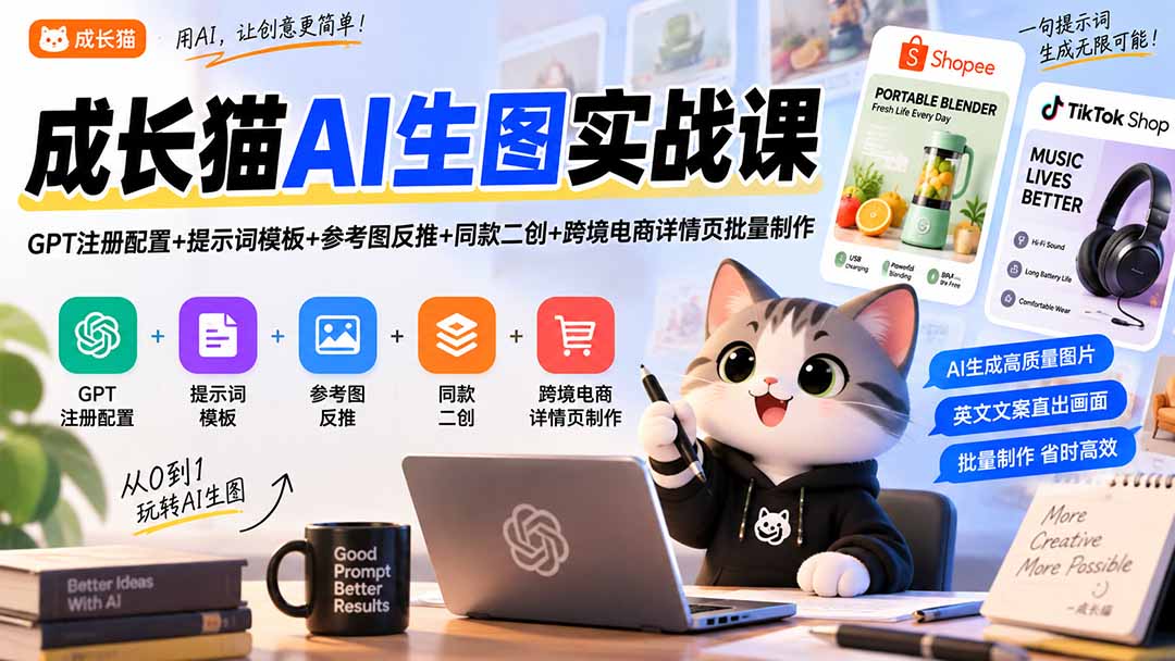 (20482期)成长猫AI生图实战课|GPT注册配置+提示词模板+参考图反推+同款二创+跨境电商详情页批量制作-赛德副业库