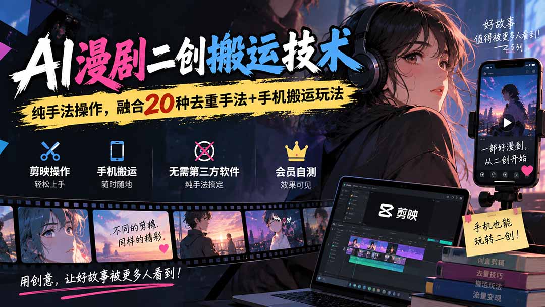 （20551期）AI漫剧二创搬运技术，纯手法操作，融合20种去重手法++手机搬运玩法-赛德副业库