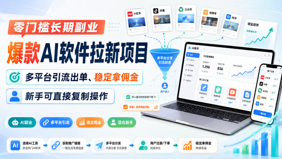 零门槛长期副业,爆款AI软件拉新项目,多平台引流出单、稳定拿佣金,新手可直接复制操作-赛德副业库