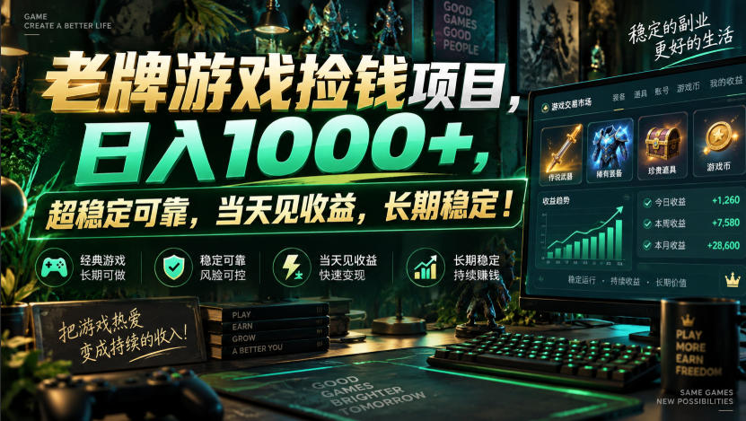老牌游戏捡钱项目，日入1000+，超稳定可靠，当天见收益，长期稳定！【揭秘】-赛德副业库