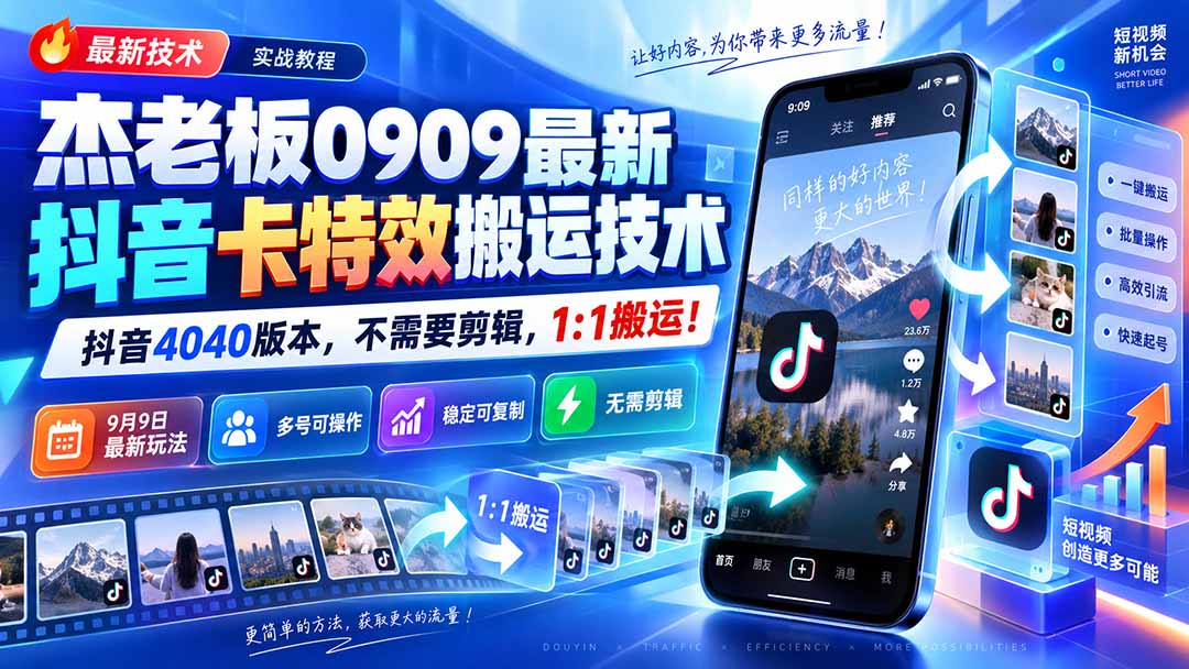 （20369期）杰老板0909最新抖音卡特效搬运技术，抖音4040版本，不需要剪辑，1:1搬运！-赛德副业库