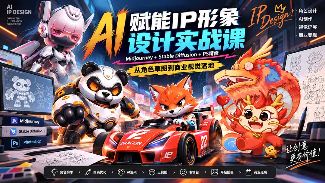 （20552期）AI赋能IP形象设计实战课-无水印：Midjourney+Stable Diffusion+PS精修，从角色草图到商业视觉落地-赛德副业库