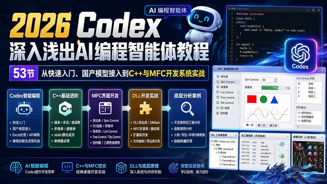 (20221期)2026 Codex深入浅出AI编程智能体教程:53节从快速入门、国产模型接入到C++与MFC开发系统实战-赛德副业库
