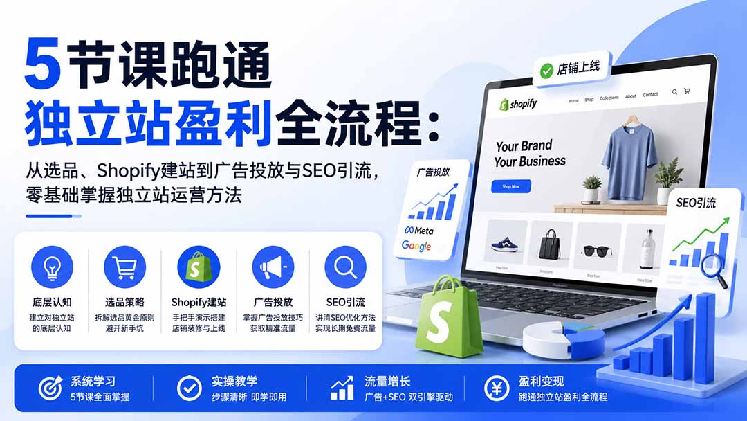 （20316期）5节课跑通独立站盈利全流程：从选品、Shopify建站到广告投放与SEO引流，零基础掌握独立站运营方法-赛德副业库