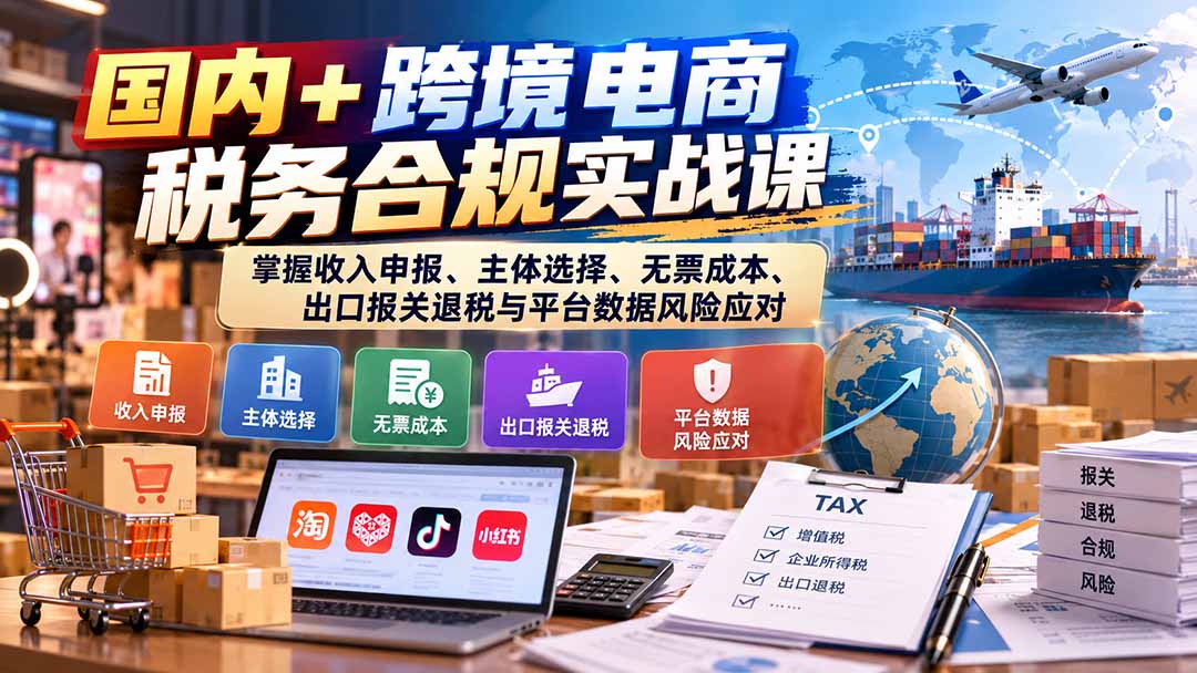 (20686期)国内+跨境电商税务合规实战课:掌握收入申报、主体选择、无票成本、出口报关退税与平台数据风险应对-赛德副业库