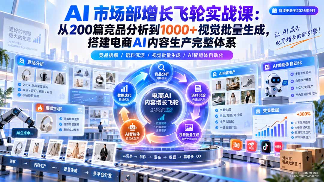 （20436期）AI 市场部增长飞轮实战课：从200篇竞品分析到1000+视觉批量生成，搭建电商AI内容生产完整体系-赛德副业库