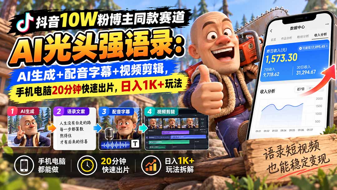 （20687期）【无水印】抖音10W粉博主同款赛道AI光头强语录：AI生成+配音字幕+视频剪辑，手机电脑20分钟快速出片，日入1K+玩法-赛德副业库