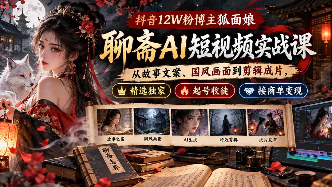 (20639期)抖音12W粉博主狐面娘-聊斋AI短视频实战课:从故事文案、国风画面到剪辑成片,精选独家+起号收徒+接商单变现-赛德副业库