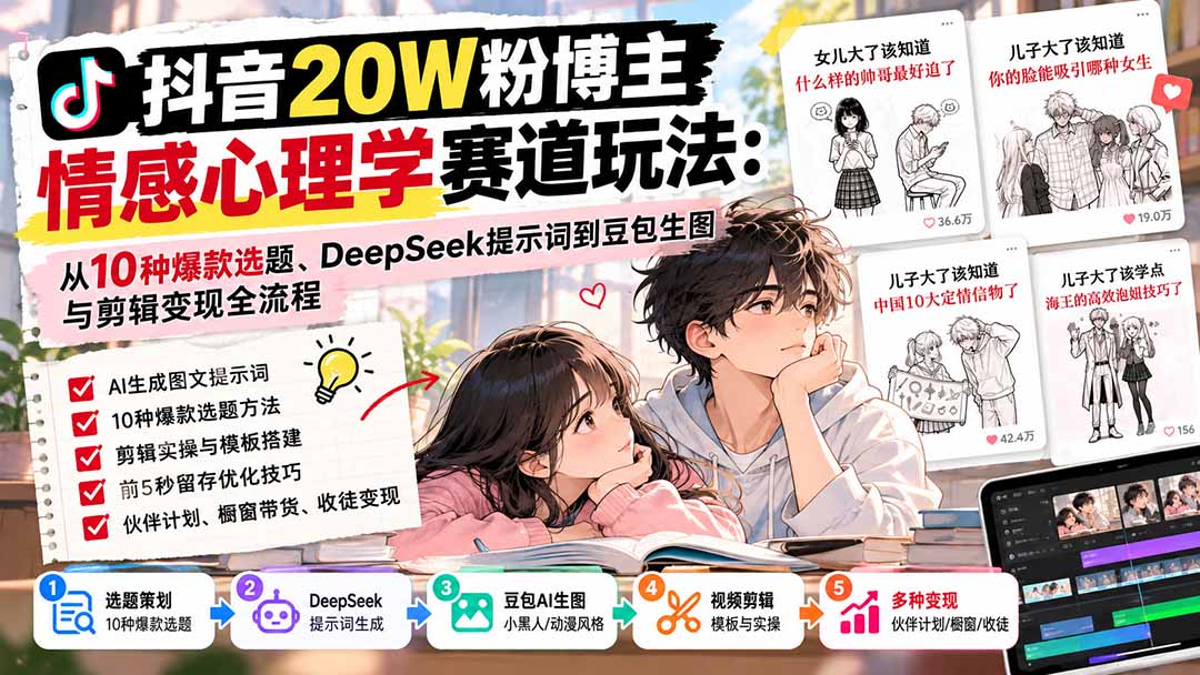 (20688期)抖音20W粉博主-情感心理学赛道玩法:从10种爆款选题、DeepSeek提示词到豆包生图与剪辑变现全流程-赛德副业库