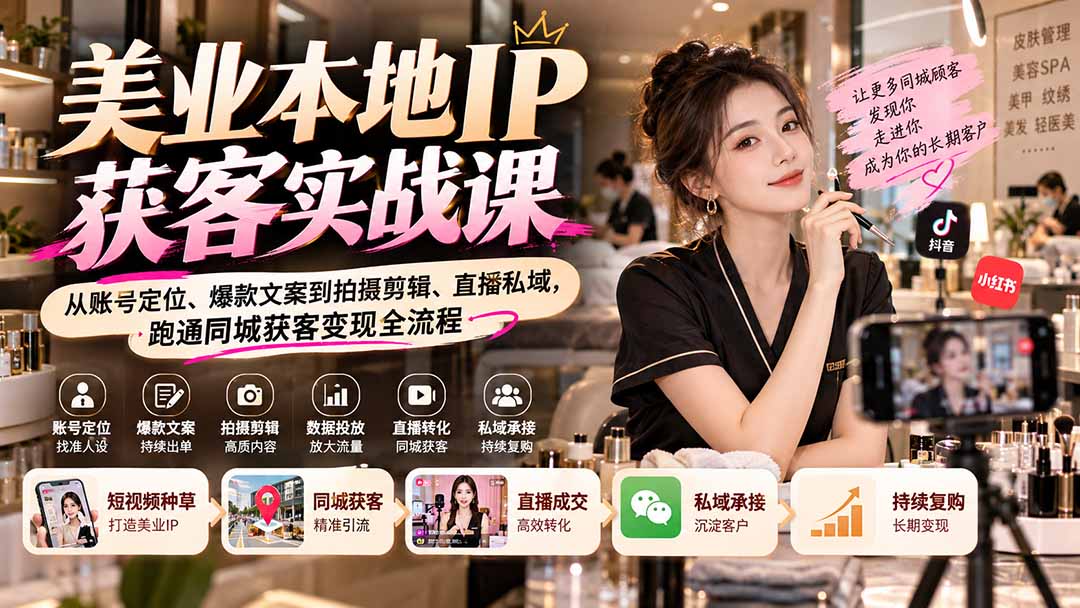 (20640期)【无水印】美业本地IP获客实战课:从账号定位、爆款文案到拍摄剪辑、直播私域,跑通同城获客变现全流程-赛德副业库