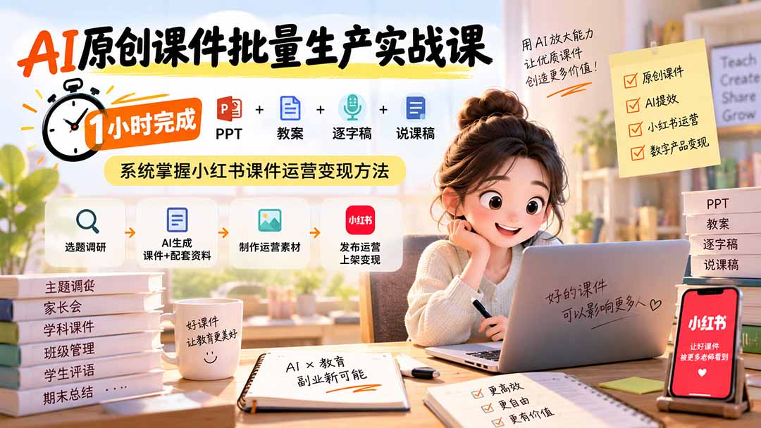 (20351期)AI原创课件批量生产实战课:1小时完成PPT+教案+逐字稿+说课稿,系统掌握小红书课件运营变现方法-赛德副业库