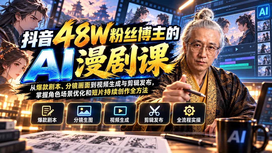 (20353期)抖音48W粉丝博主的AI漫剧课:从爆款剧本、分镜画面到视频生成与剪辑发布,掌握角色场景优化和短片持续创作全方法-赛德副业库